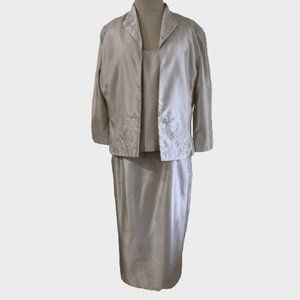 Positive Attitude Petite Womens Jacket Top Skirt Suit 14P Beige Beaded 3pc Set